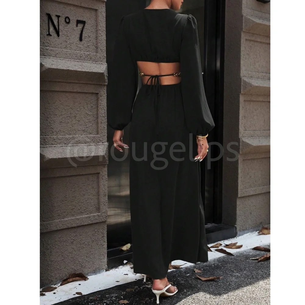 Black Maxi Dress Chain Strap Detail Cut Out Long Lantern Sleeve Leg Slit - Picture 5 of 7